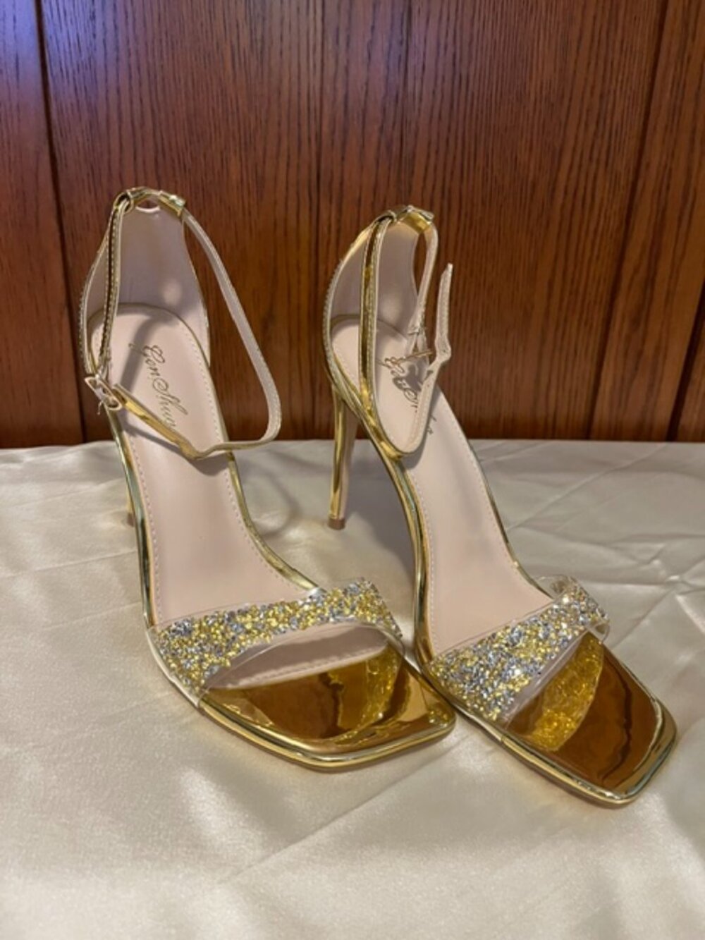 New in box! Gold square open toe ankle strap 4" heels